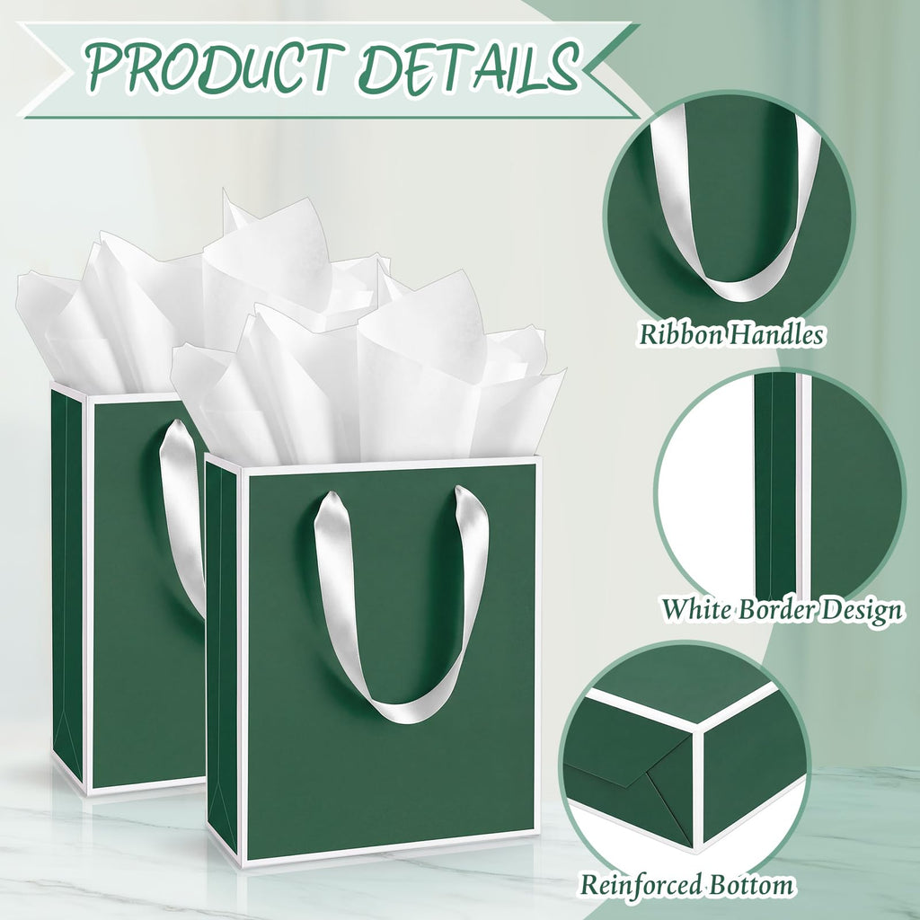 10 Pack Paper Gift Bags with Handle Tissue Paper, Green White