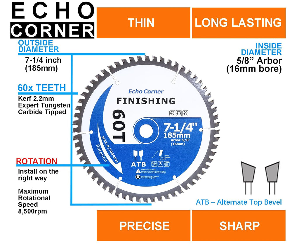 7-1/4 Inch Circular Saw Blade for Wood Cutting, 60T, 5/8" Arbor | Fine finish, Fine Cut, Framing, Crosscut wood