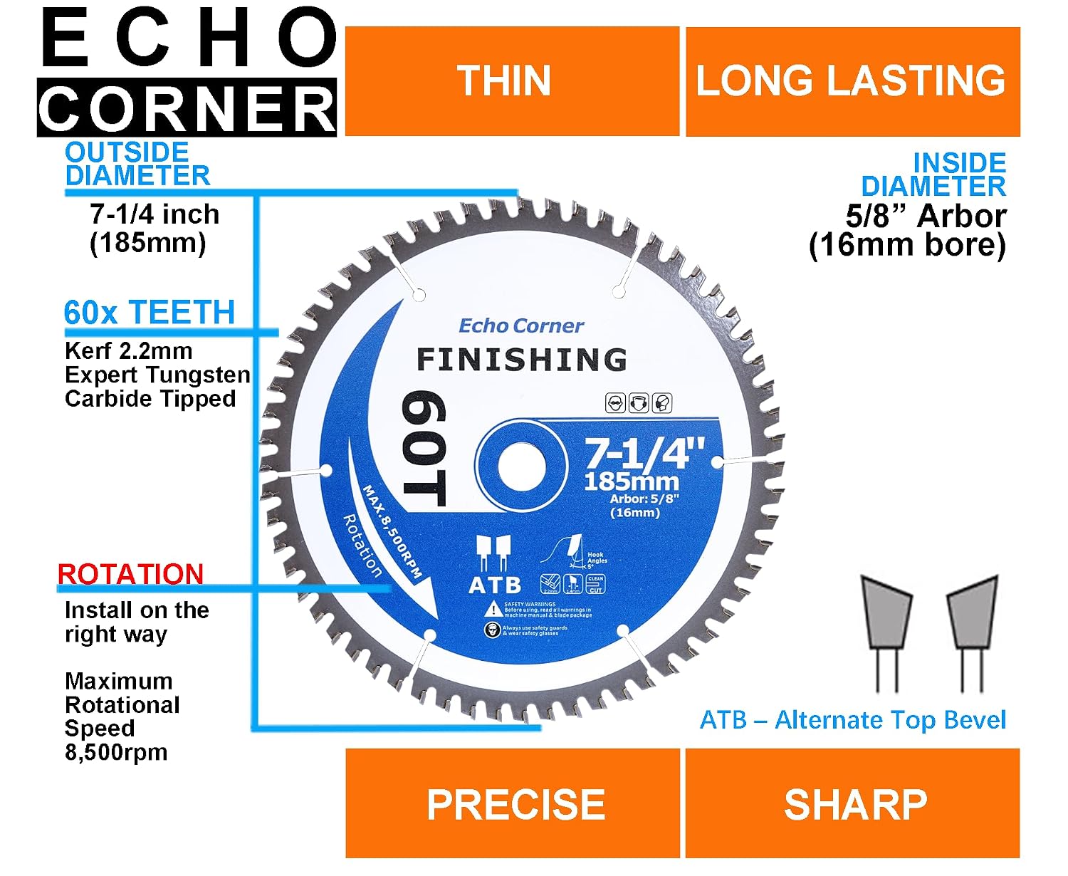 7-1/4 Inch Circular Saw Blade for Wood Cutting, 60T, 5/8" Arbor | Fine finish, Fine Cut, Framing, Crosscut wood
