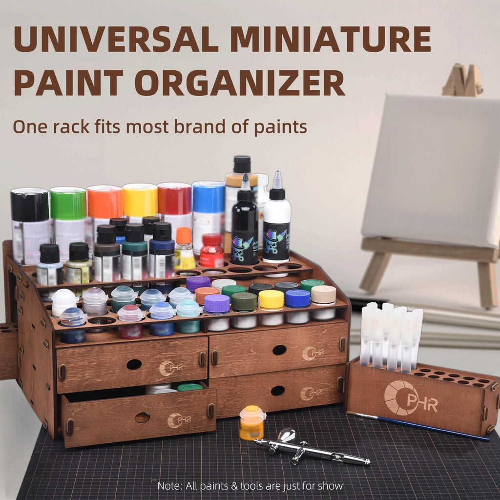 Paint Organizer Rack, Wooden Paint Holder with 48 Holes & 4 Drawers