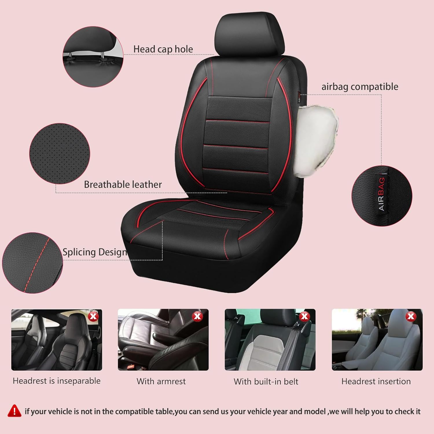 Universal FIT Piping Leather Two Front Seat Covers, Waterproof Faux Leather for SUV Sedan Van Truck, Airbag