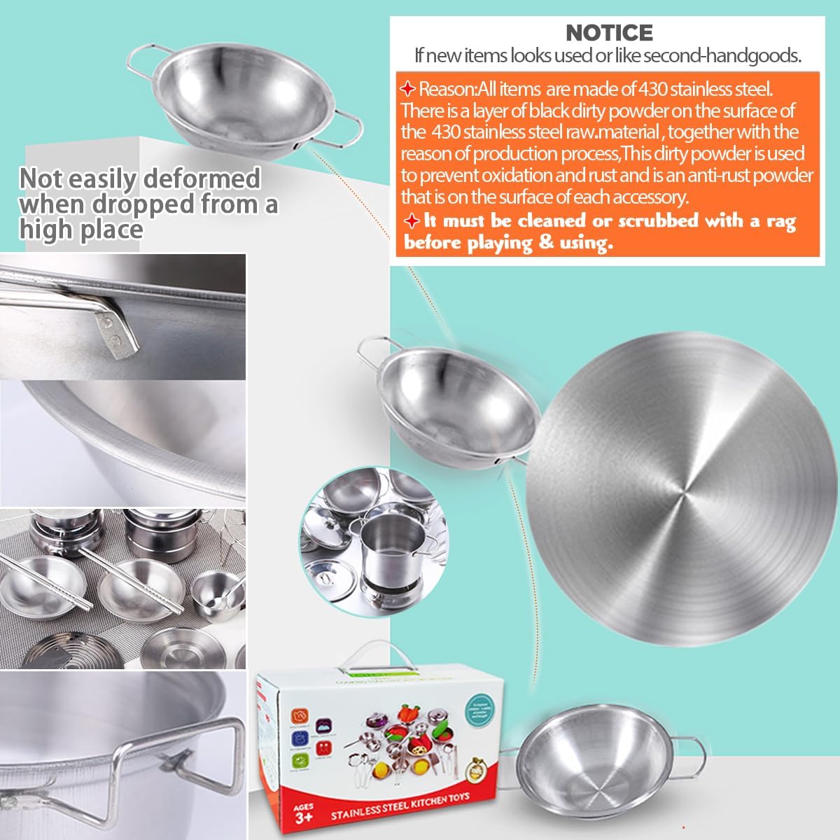 Tiny Classic Stainless Steel Kitchen Toys Cooking Utensils Set-Pretend Play Pots Pans Toy Cookware Kits for Kids