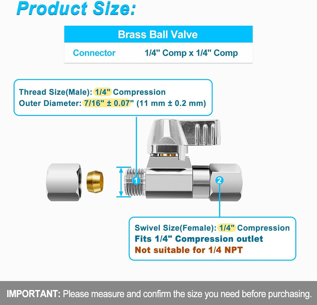1/4" Comp Brass Ball Valve - for Refrigerator,Ice Maker(1 PCS)