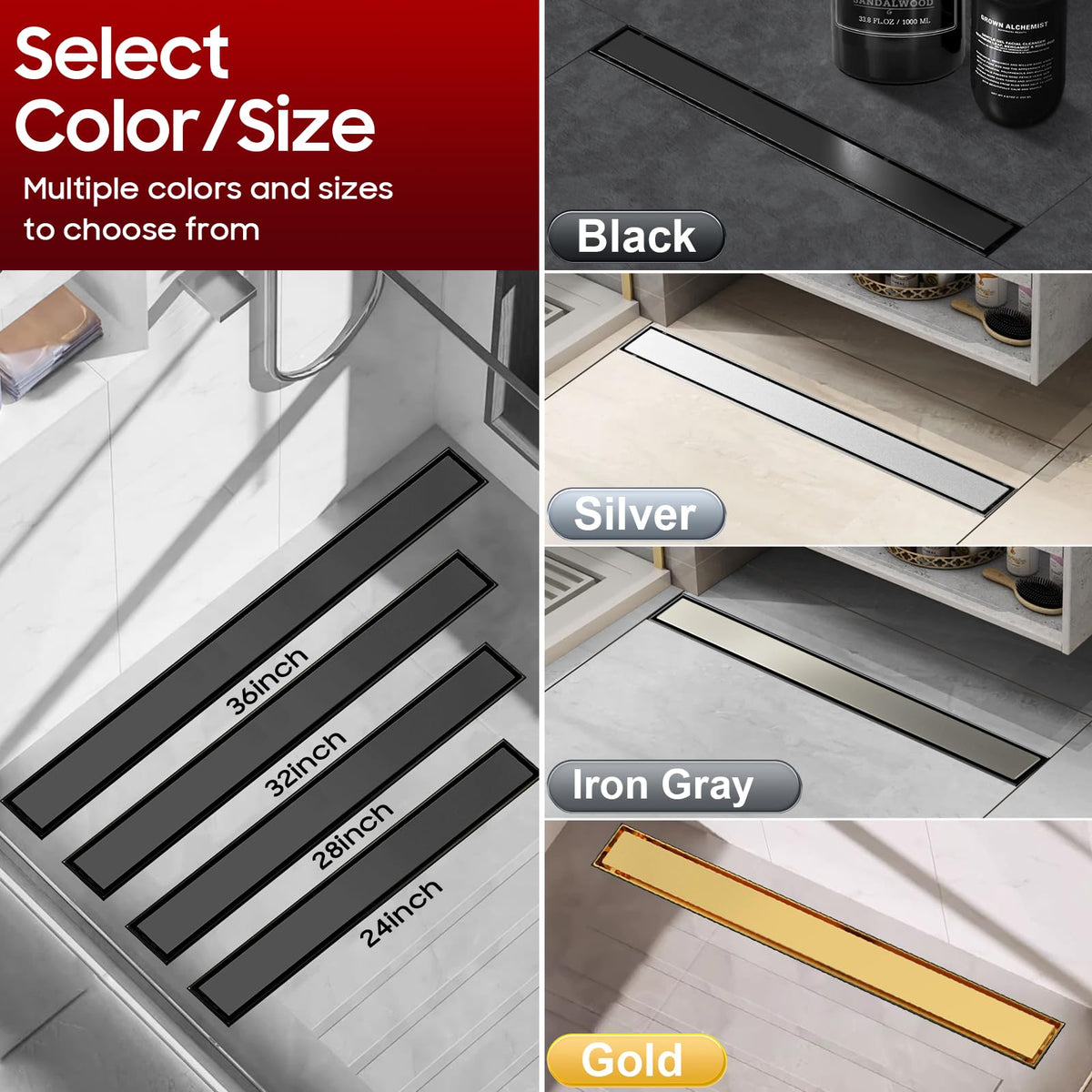 Linear Shower Drain - 24 Inch Matte Black, with Tile Insert Panels
