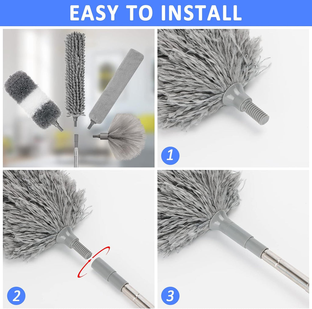 Microfiber Duster Kit 23pcs with 30 to 100 Inches Extension Pole and Extendable Window Squeegee, Washable and
