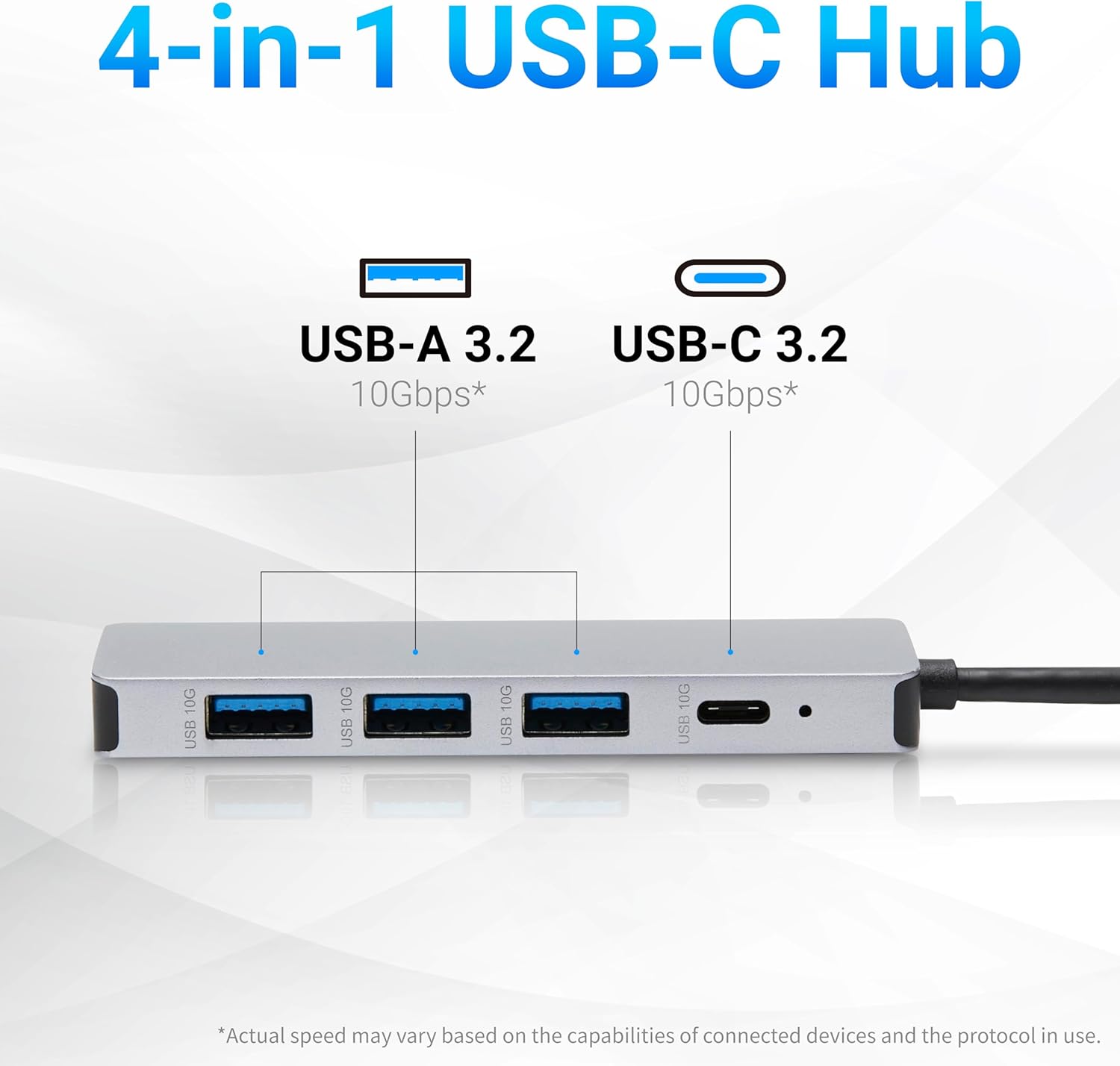 USB 3.2/3.1 Gen 2 Multiport USB C Hub Dock, 10Gbps, USB-C to 1xUSB-C/3xUSB-A, Works with Windows/Mac, Silver, Black