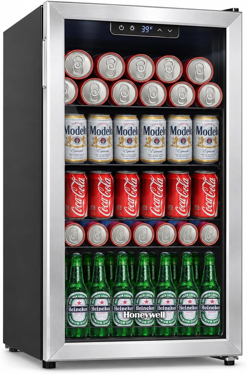 Beverage Refrigerator and Cooler, 116 Can Mini Fridge with Glass Door for Soda Beer or Wine for Office or Bar with