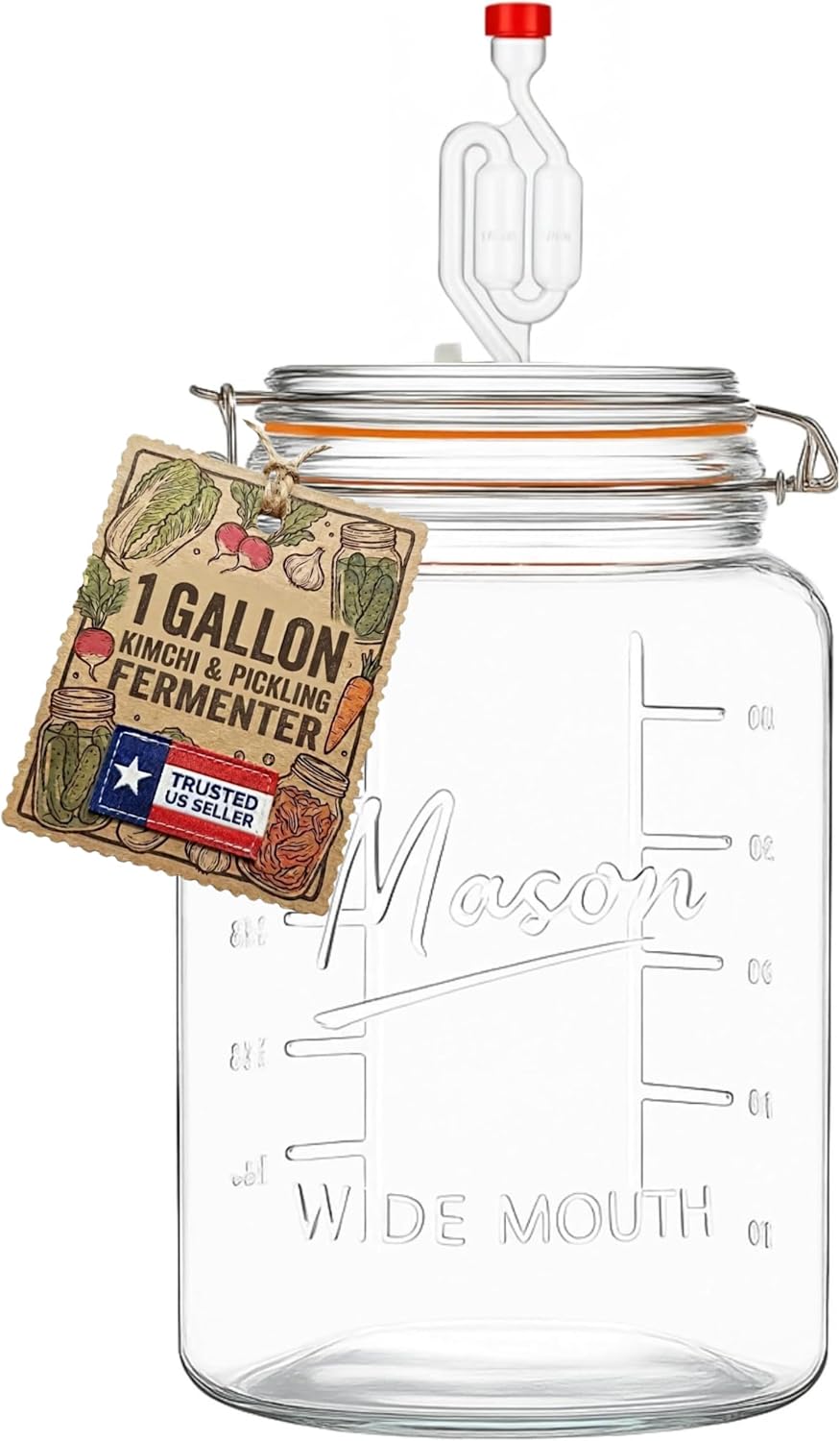 1-Gallon Mason Glass Fermenting Jar with Airlock Lid – Wide Mouth with Ounce & Milliliter Markings for Mead