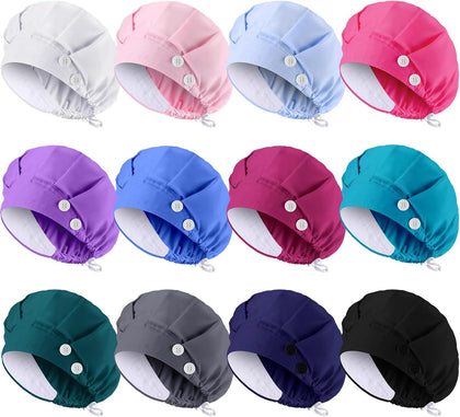 12 Pcs Bouffant Nurse Caps with Button Sweatband Adjustable Scrub Cap Elastic Surgical Tie Back Hat for Women Men