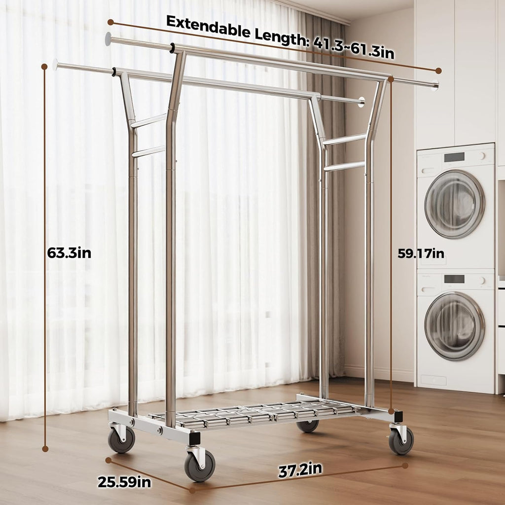 Heavy Duty Clothes Rack, Rolling Clothing Rack for Hanging Clothes with Shelves Load 700LBS,Portable Garment Wardrobe