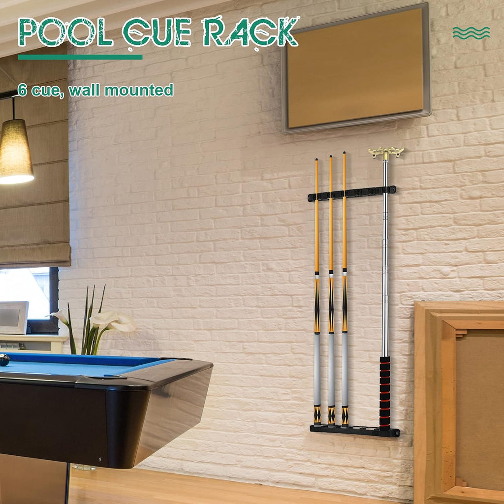 2 Pieces Pool Stick Holder Pool Cue Rack for 6 Cue Wall Mounted Table Stick, Balls Billiard Table Accessories for