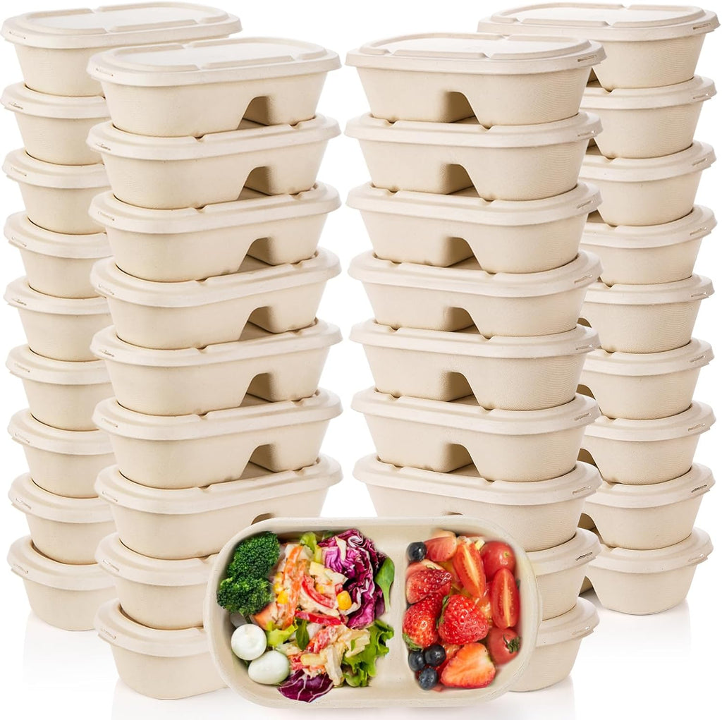 50 Pcs Compostable Take Out Food Containers with Lid, 33 oz Bagasse to Go Container 2 Compartment Rectangular