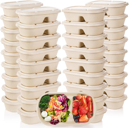 50 Pcs Compostable Take Out Food Containers with Lid, 33 oz Bagasse to Go Container 2 Compartment Rectangular