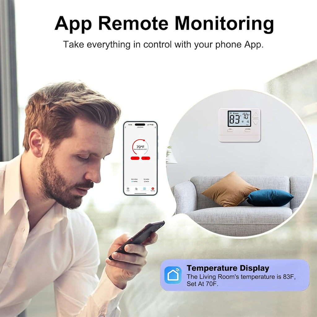 WiFi Thermostat 1 Heat/1 Cool for Home Conventional System | C-Wire Required, APP Remote Control, 7-Day or 0-Day