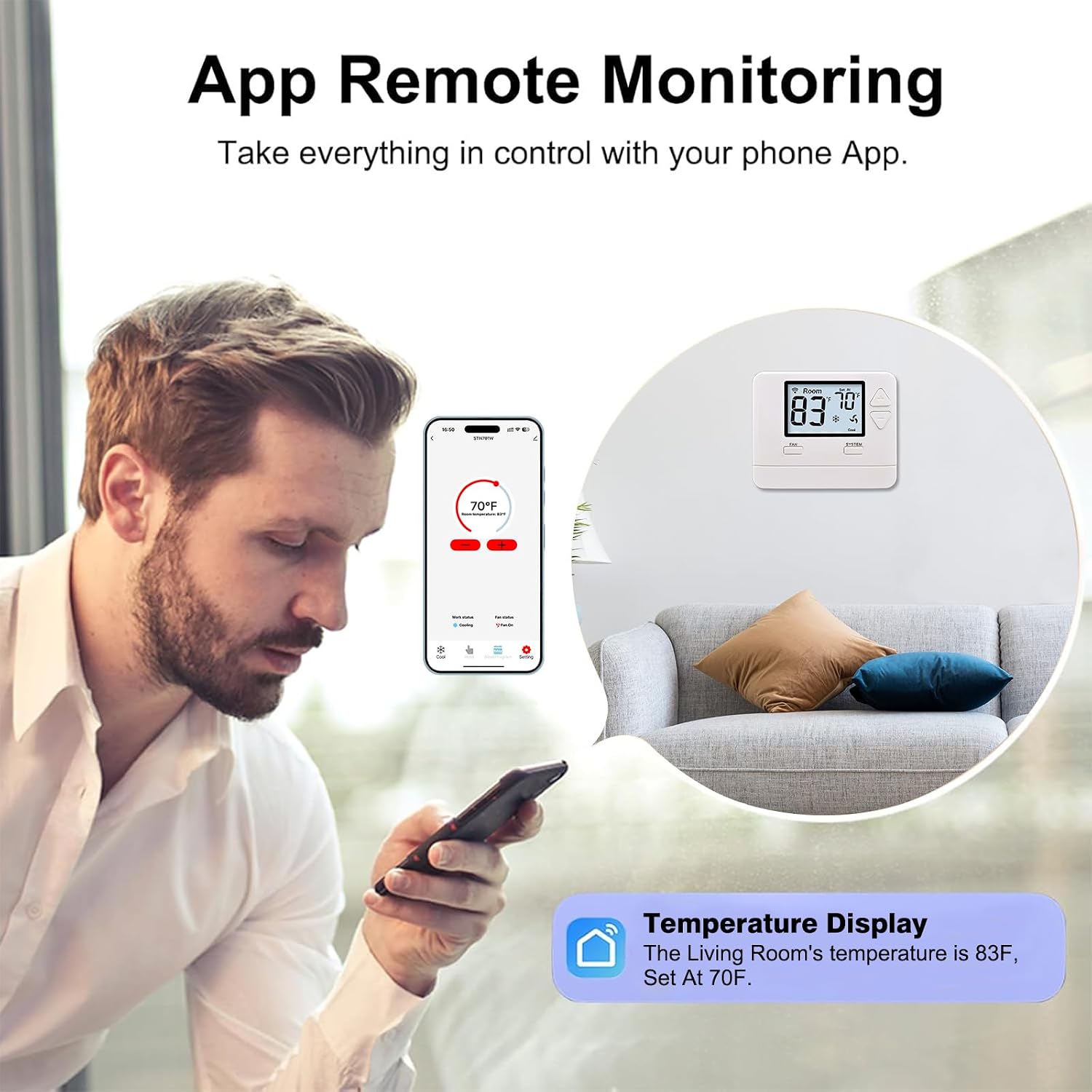 WiFi Thermostat 1 Heat/1 Cool for Home Conventional System | C-Wire Required, APP Remote Control, 7-Day or 0-Day