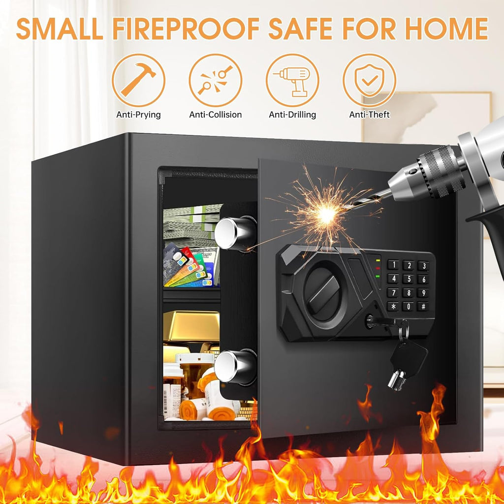 1.2 Cub Small Fireproof Safes for Home, Digital Home Safe Fireproof Waterproof with Programmable Keypad, Spare Keys