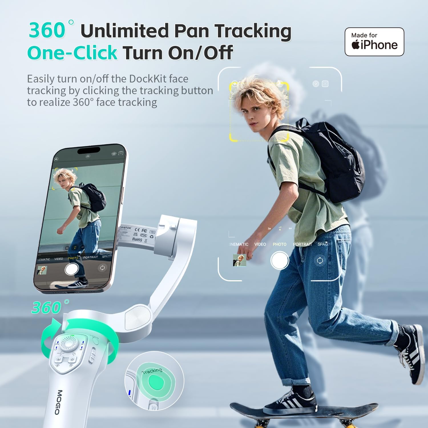 MOGO Only for iPhone, Gimbal Stabilizer for iPhone, [MFi Certified] Phone Gimbal with 360 Degree Face Tracking for