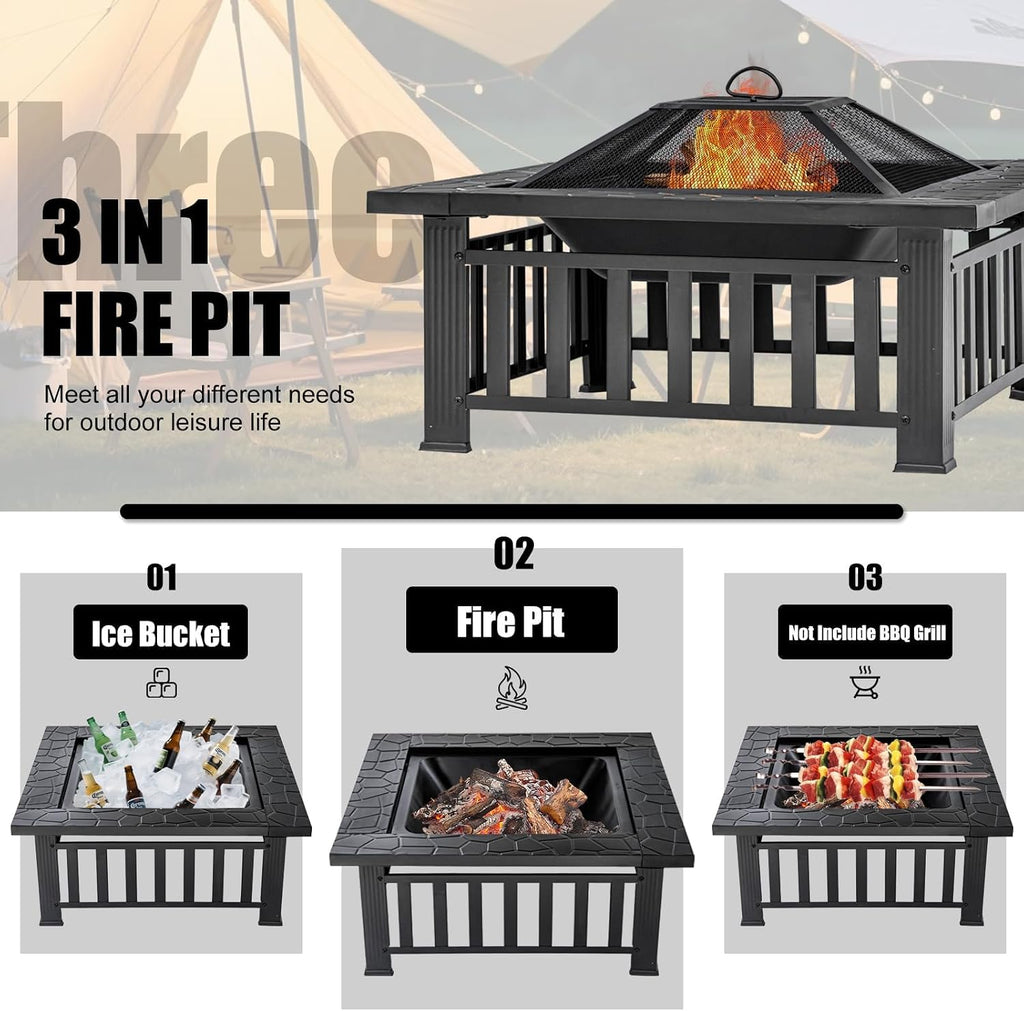 Fire Pit Table 32 Inch Square Metal Stove for Patio, Backyard