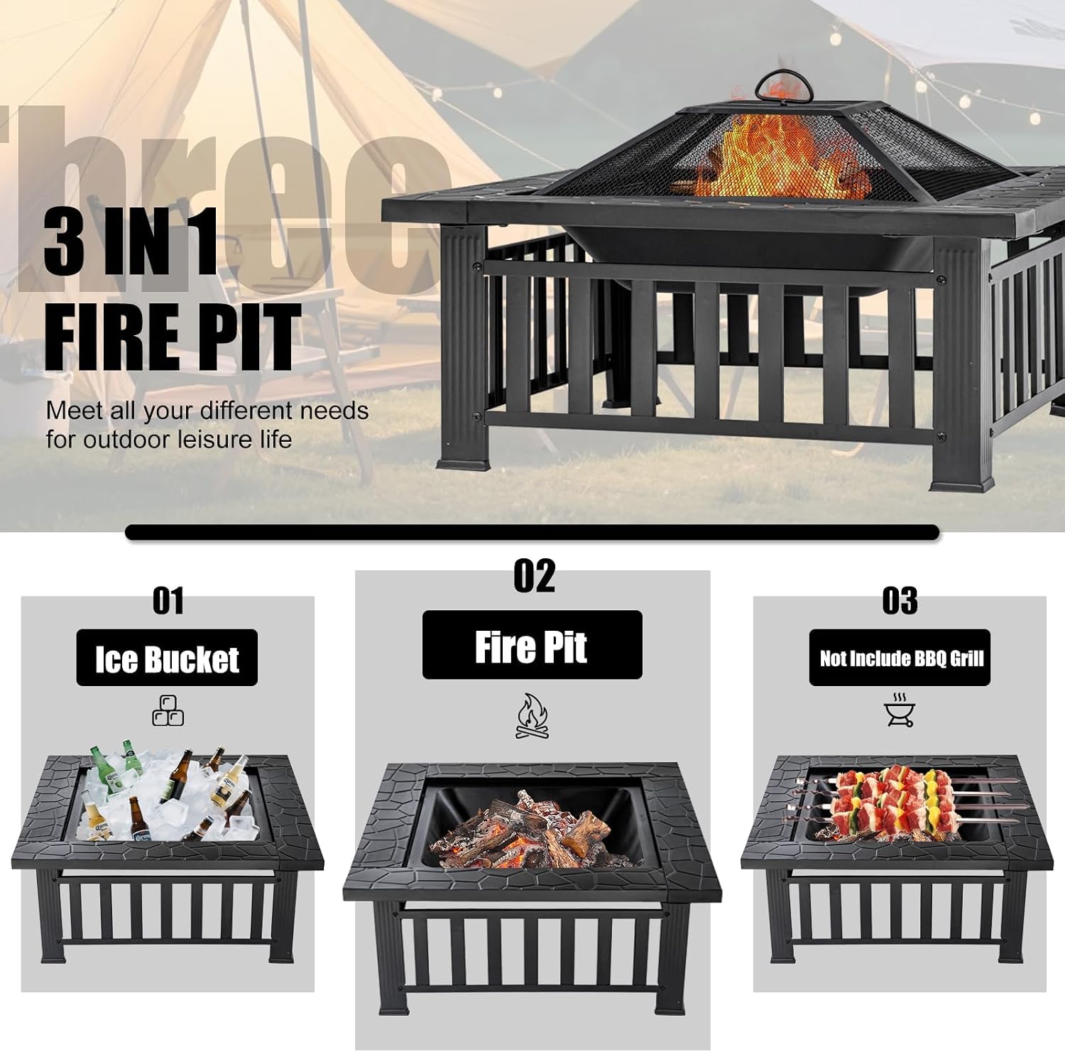 Fire Pit Table 32 Inch Square Metal Stove for Patio, Backyard