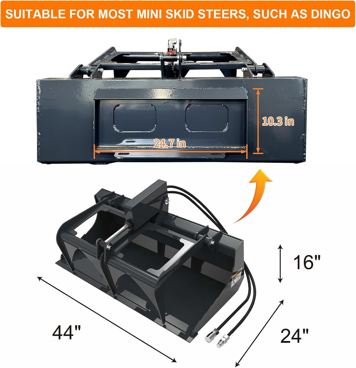 44" Mini Skid Steer Root Grapple Bucket, Universal Quick Tach Connection | 3,000 PSI Hydraulic Cylinder with Cylinder