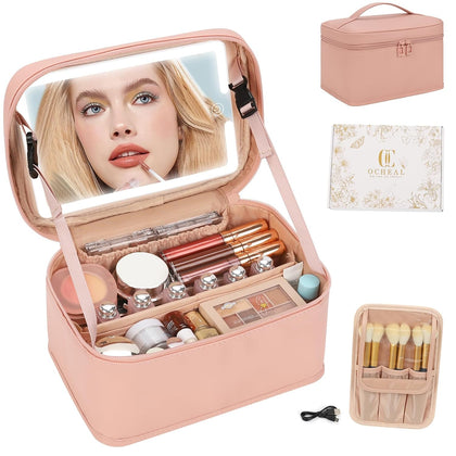 Makeup Bag With LED Mirror, Lightweight Travel Makeup Bag With 3 Color Setting Light Up Mirror Cosmetic Makeup