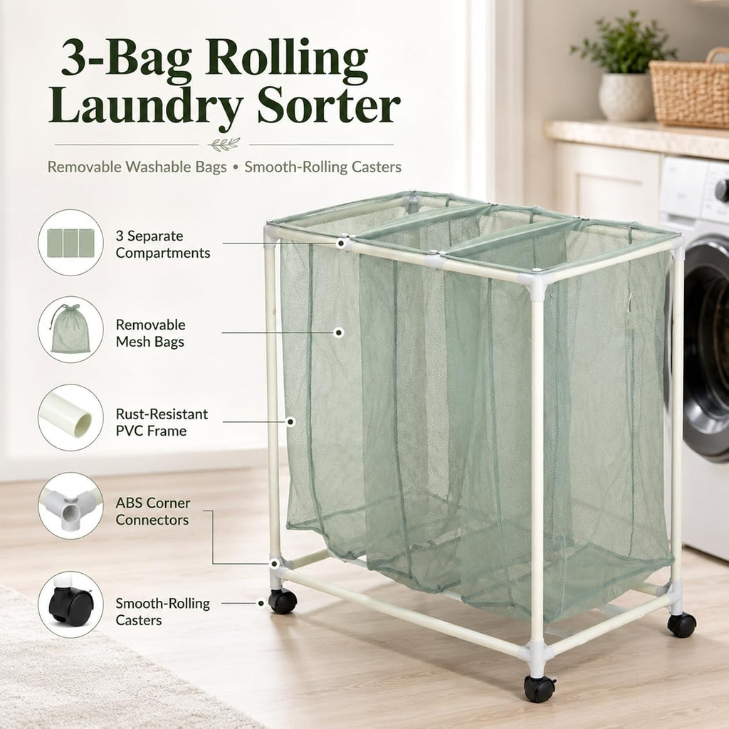 3-Bag Mesh Rolling Laundry Sorter Cart, Soft Silver, Removable Washable Bags, Easy-Roll Casters, Rust-Resistant PVC