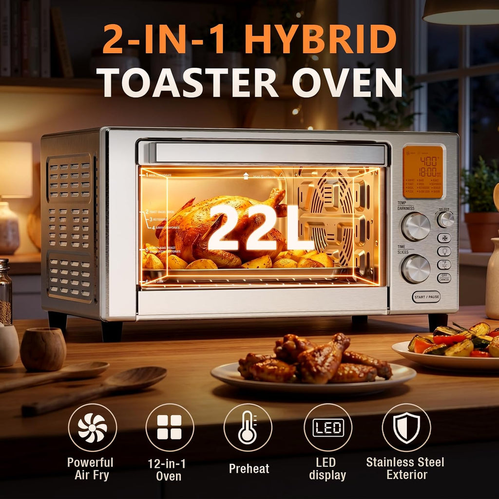 12-in-1 Air Fryer Toaster Oven Combo, 22L Countertop Oven | Stainless Steel 1500W Convection Oven with Rotisserie
