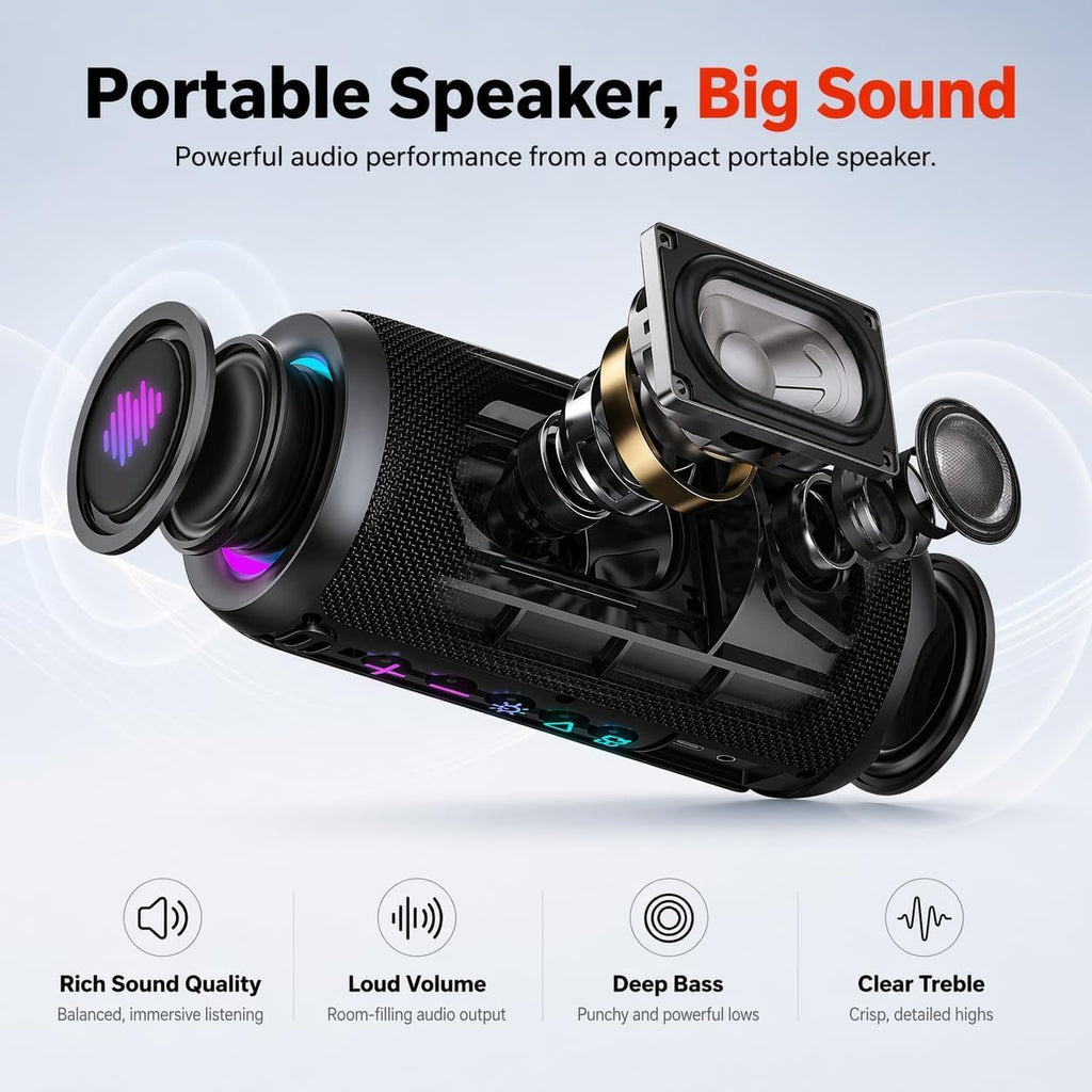 Portable Bluetooth Speaker, Powerful Sound Wireless Speaker: Boost Bass, Bluetooth 5.4, 24H Playtime, 8 RGB Modes