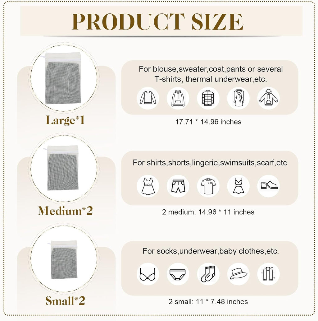 5-Piece Organic Cotton Laundry Bags with Zipper and Hanging Loop, 3 Sizes (S, M, L) Mesh Laundry Bag, Durable Cotton