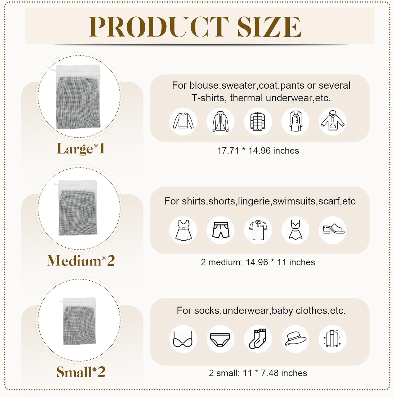 5-Piece Organic Cotton Laundry Bags with Zipper and Hanging Loop, 3 Sizes (S, M, L) Mesh Laundry Bag, Durable Cotton