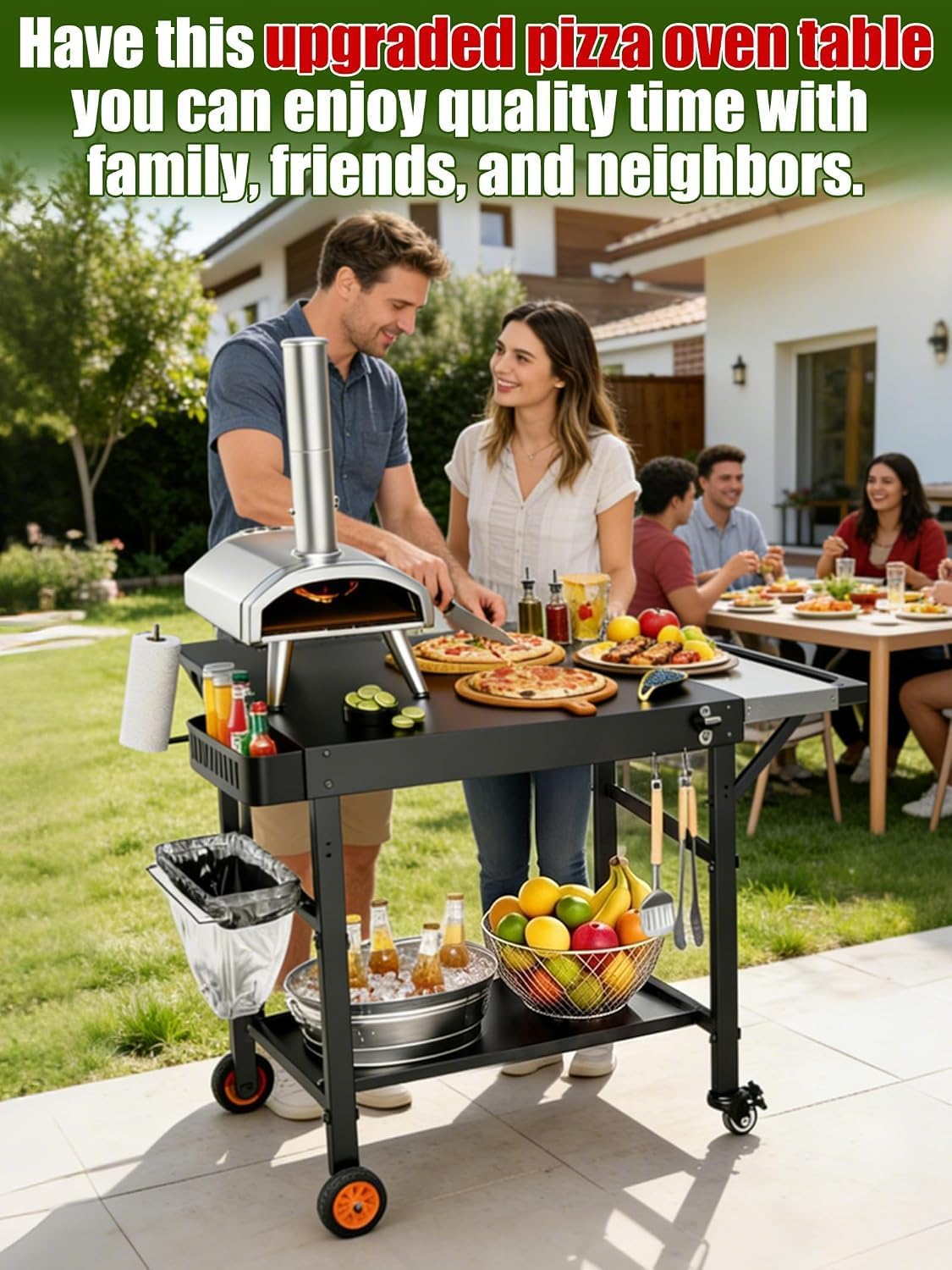 Outdoor Grill Table/Cart and Grill Cover for Pizza Oven Table, Large Space with Wheels Pizza Oven Stand& Heavy Duty