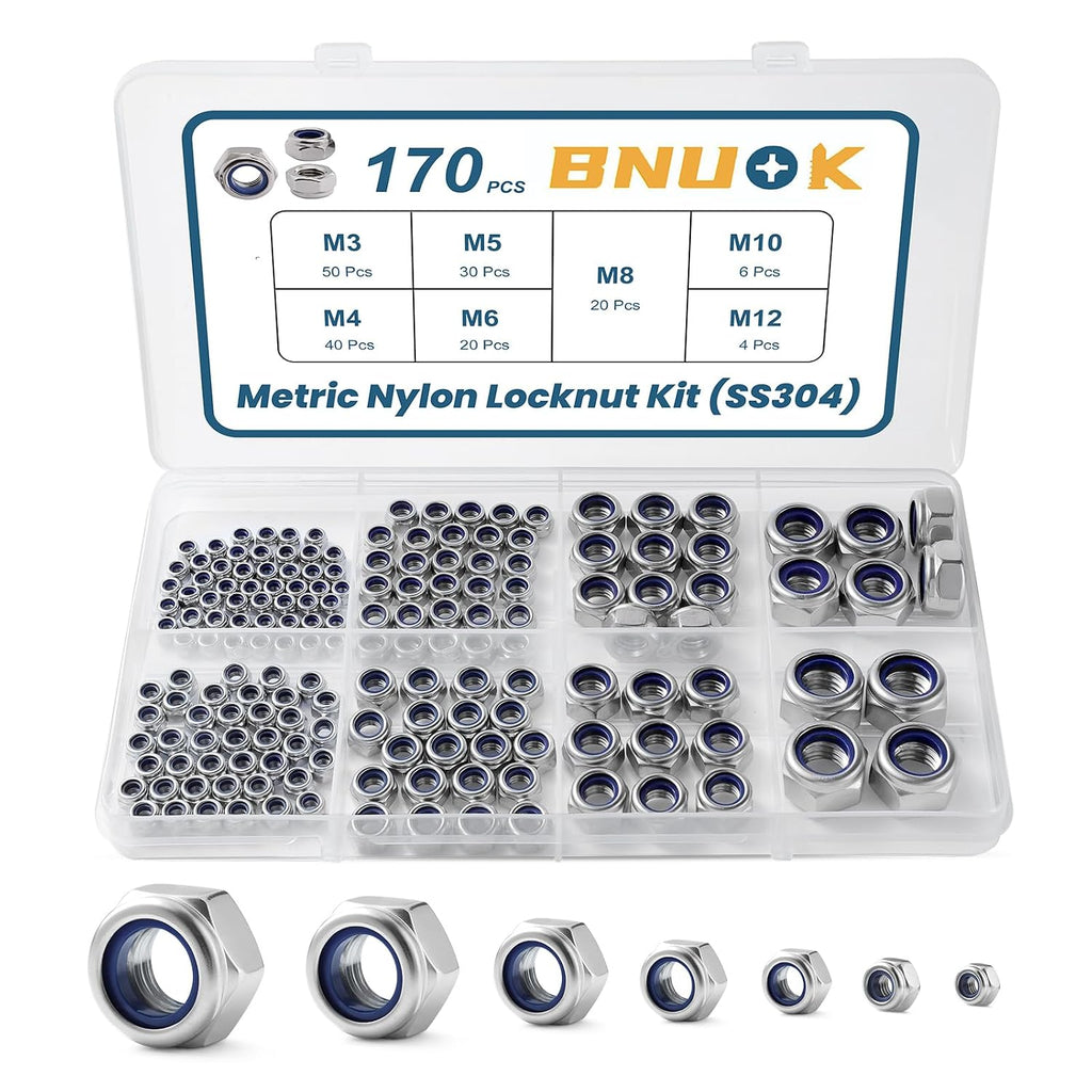 170PCS Metric Lock Nuts Assortment Kit, M3 M4 M5 M6 M8 M10 M12 Nylon Insert Locknuts Set, 304 Stainless Steel Self-Locking Nuts