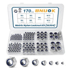 170PCS Metric Lock Nuts Assortment Kit, M3 M4 M5 M6 M8 M10 M12 Nylon Insert Locknuts Set, 304 Stainless Steel Self-Locking Nuts