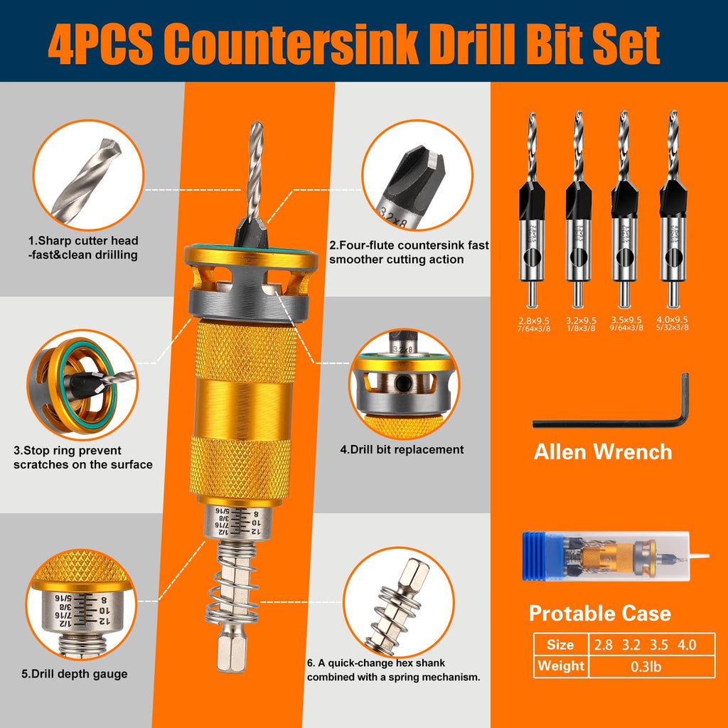 4-Piece HCS Countersink Drill Bit Set with Tool-Free Depth Stop