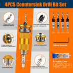 4-Piece HCS Countersink Drill Bit Set with Tool-Free Depth Stop