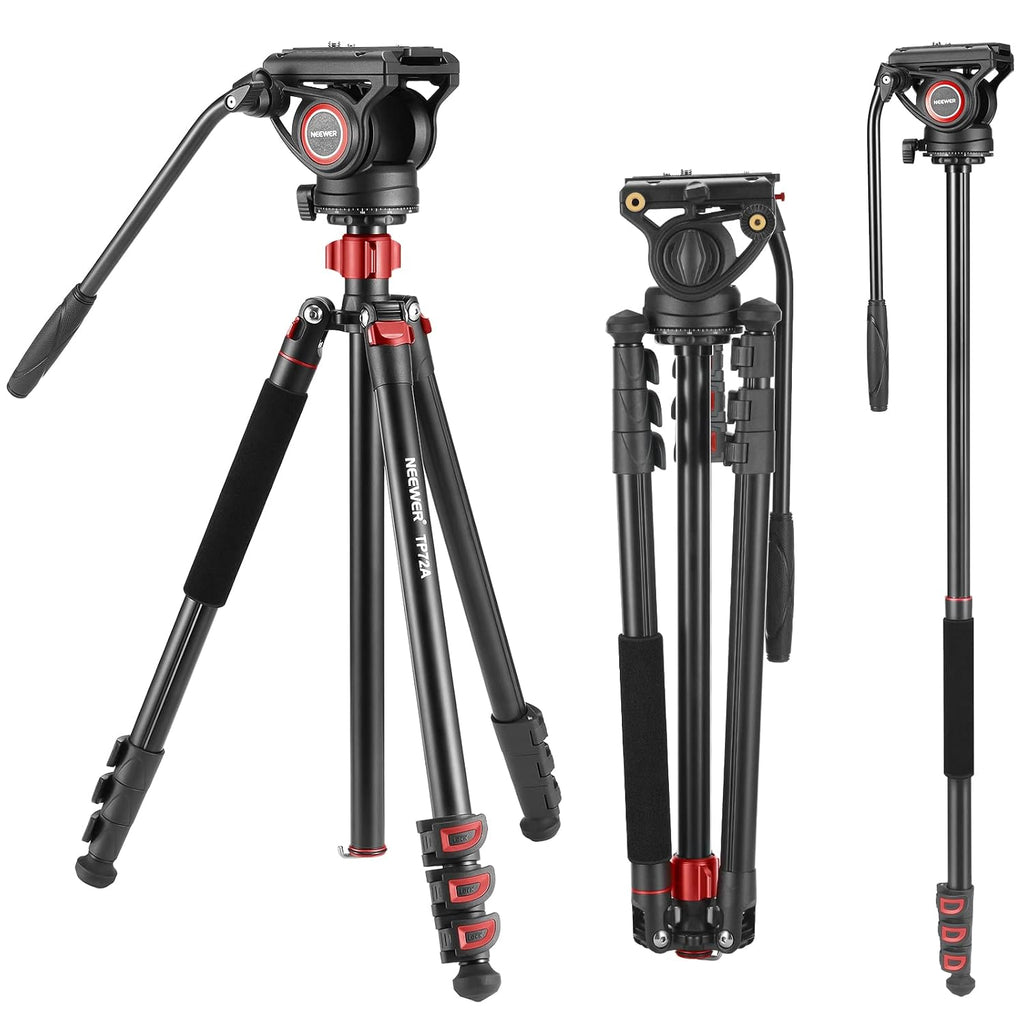 72" Fluid Head Video Tripod Monopod, Aluminum Alloy QR Plate Compatible with DJI RS Gimbal, 360° Pan & +90°/-70° Tilt