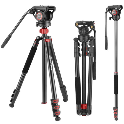 72" Fluid Head Video Tripod Monopod, Aluminum Alloy QR Plate Compatible with DJI RS Gimbal, 360° Pan & +90°/-70° Tilt