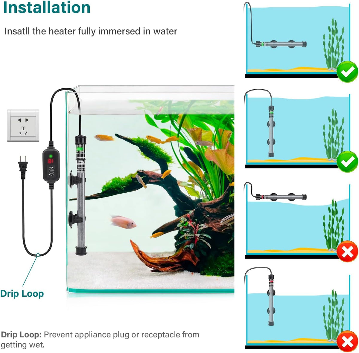 Submersible Aquarium Heater, 100W 150W 200W 300W Adjustable Fish Tahk Heater with Temperature Controller, LED