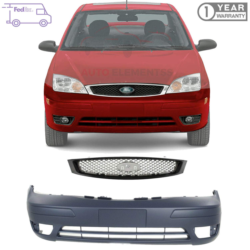 Front Bumper Cover Primed Plastic + Grille Assembly For 2005-2007 Ford Focus Direct Replacement