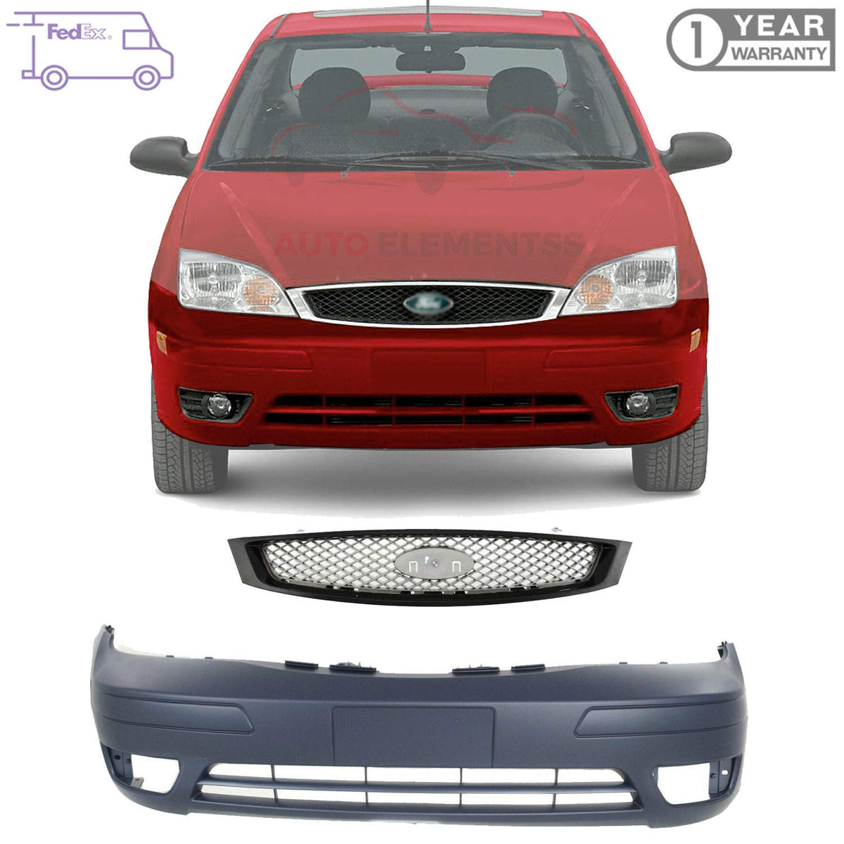 Front Bumper Cover Primed Plastic + Grille Assembly For 2005-2007 Ford Focus Direct Replacement
