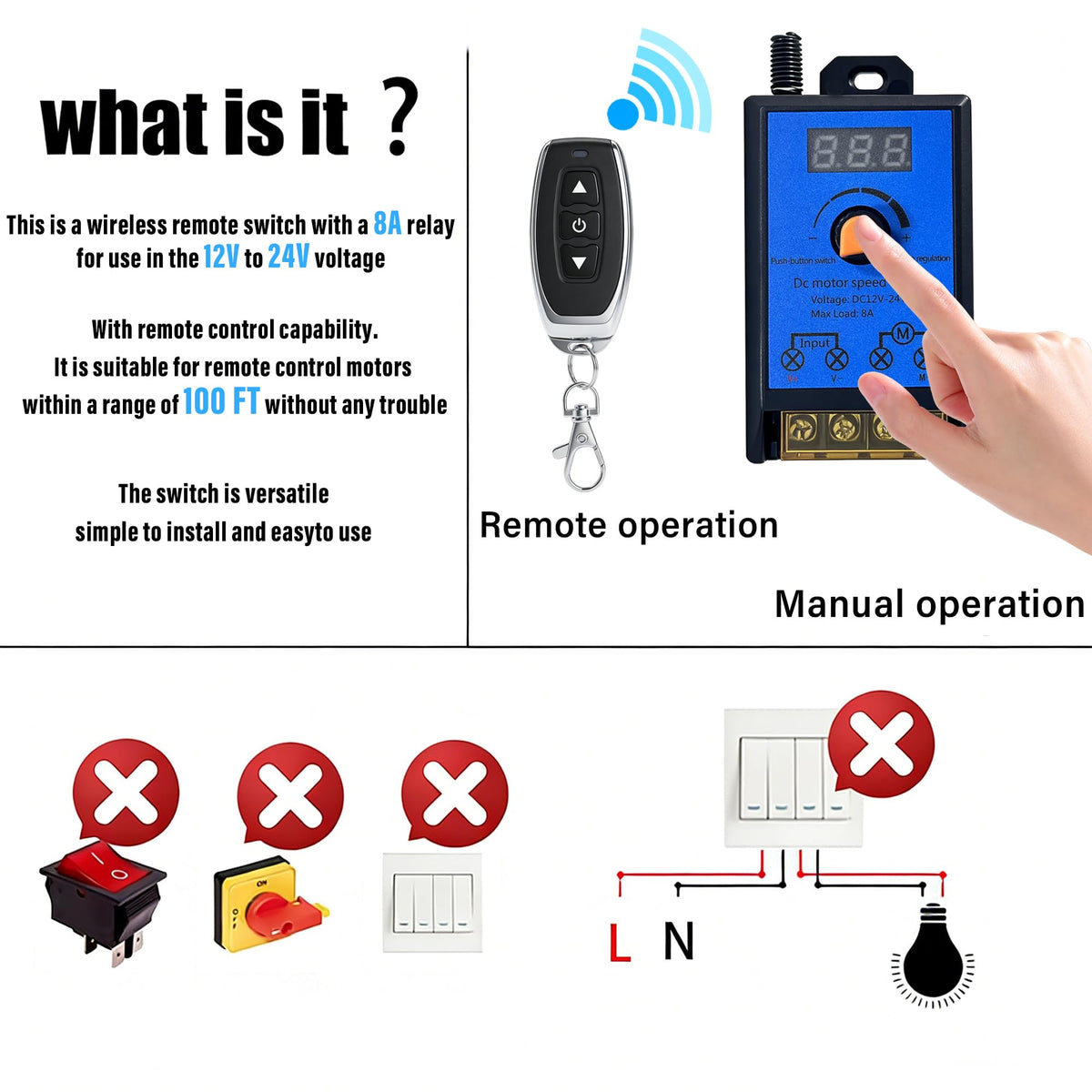 DC12V-24V 8A Motor Speed Controller,2 Remote Controls,for DC Motors,LED,Fan
