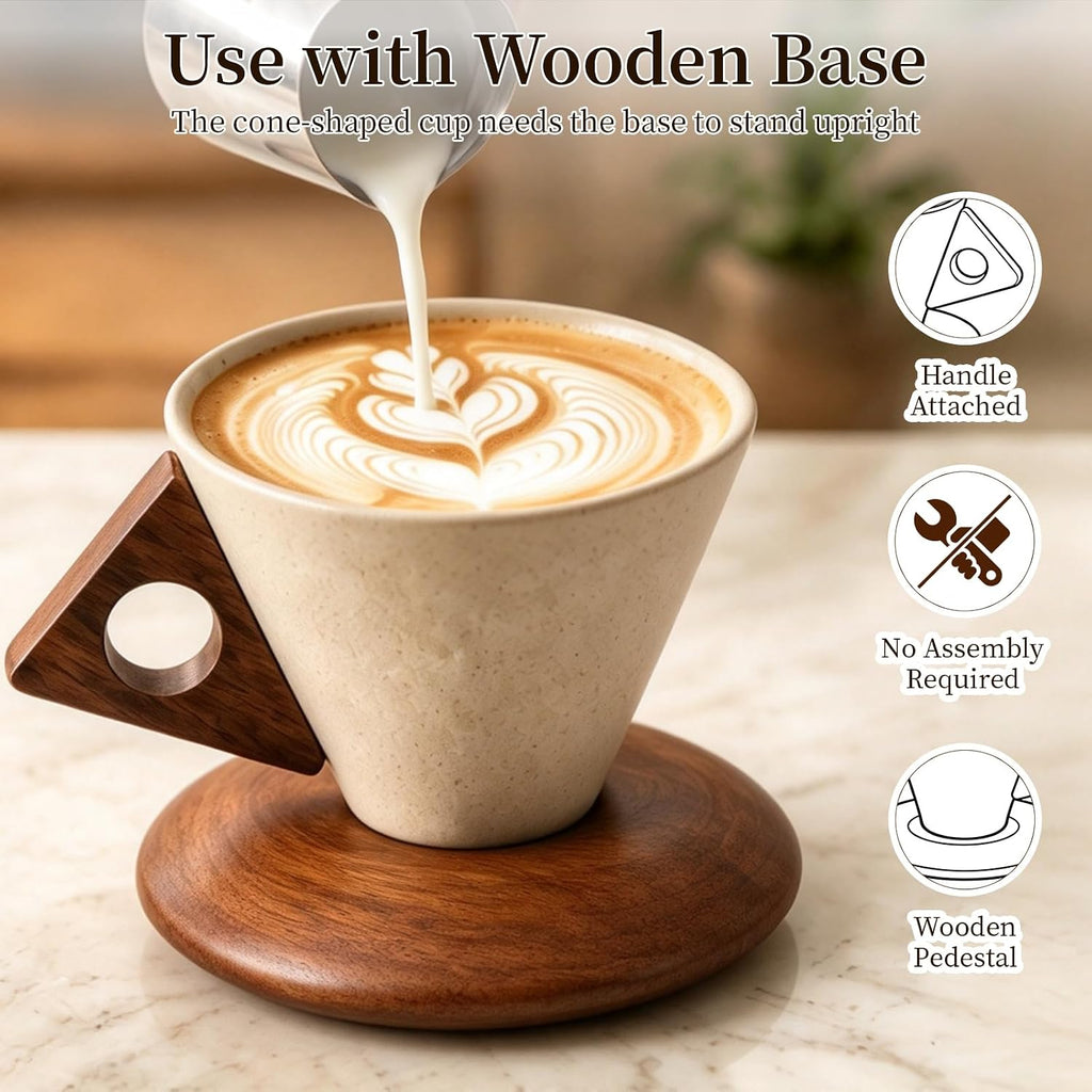 Retro ceramic coffee mug, Creative Cone coffee cup set Unique Ceramic Coffee Tea Cups wood handle and coaster