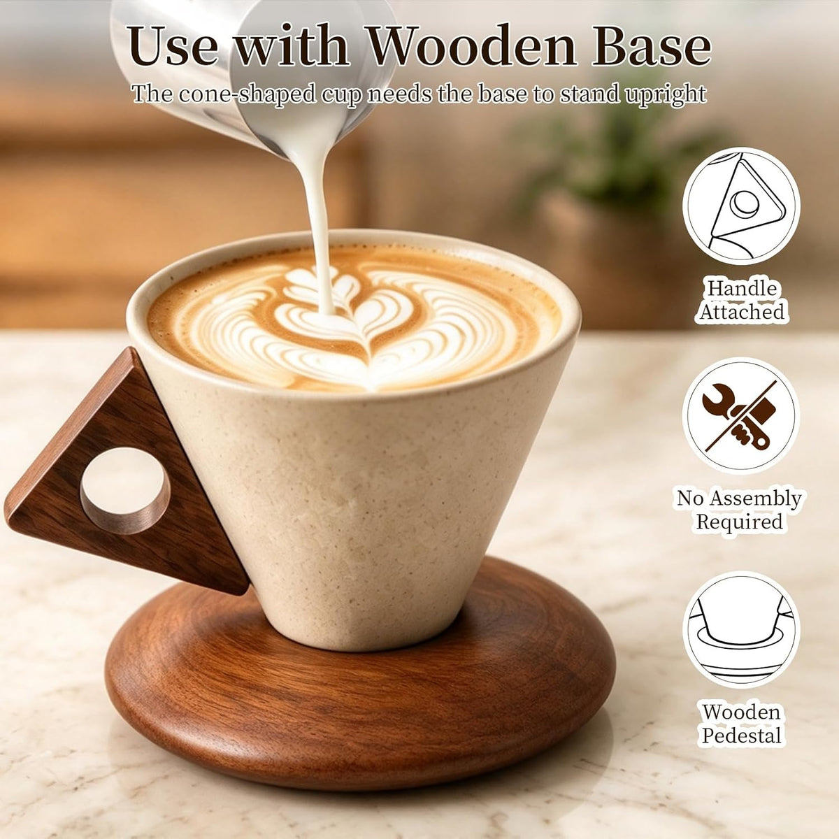 Retro ceramic coffee mug, Creative Cone coffee cup set Unique Ceramic Coffee Tea Cups wood handle and coaster