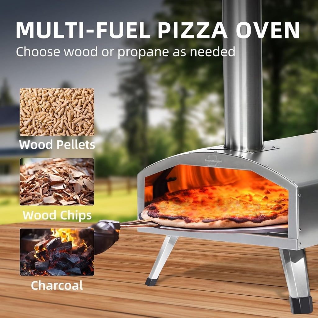 12” Portable Wood Fired Pizza Oven - Stainless Steel Pellet Pizza Stove with Rotating Stone for Outdoor Cooking
