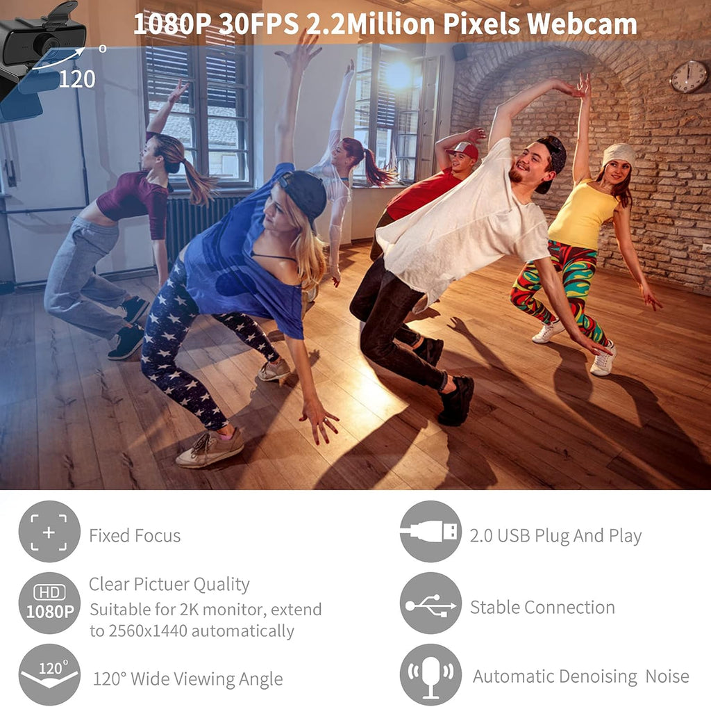 1080P HD Webcam with Microphone and Privacy Cover, USB Plug & Play Computer Camera, 120° Wide Angle Fixed Focus Web
