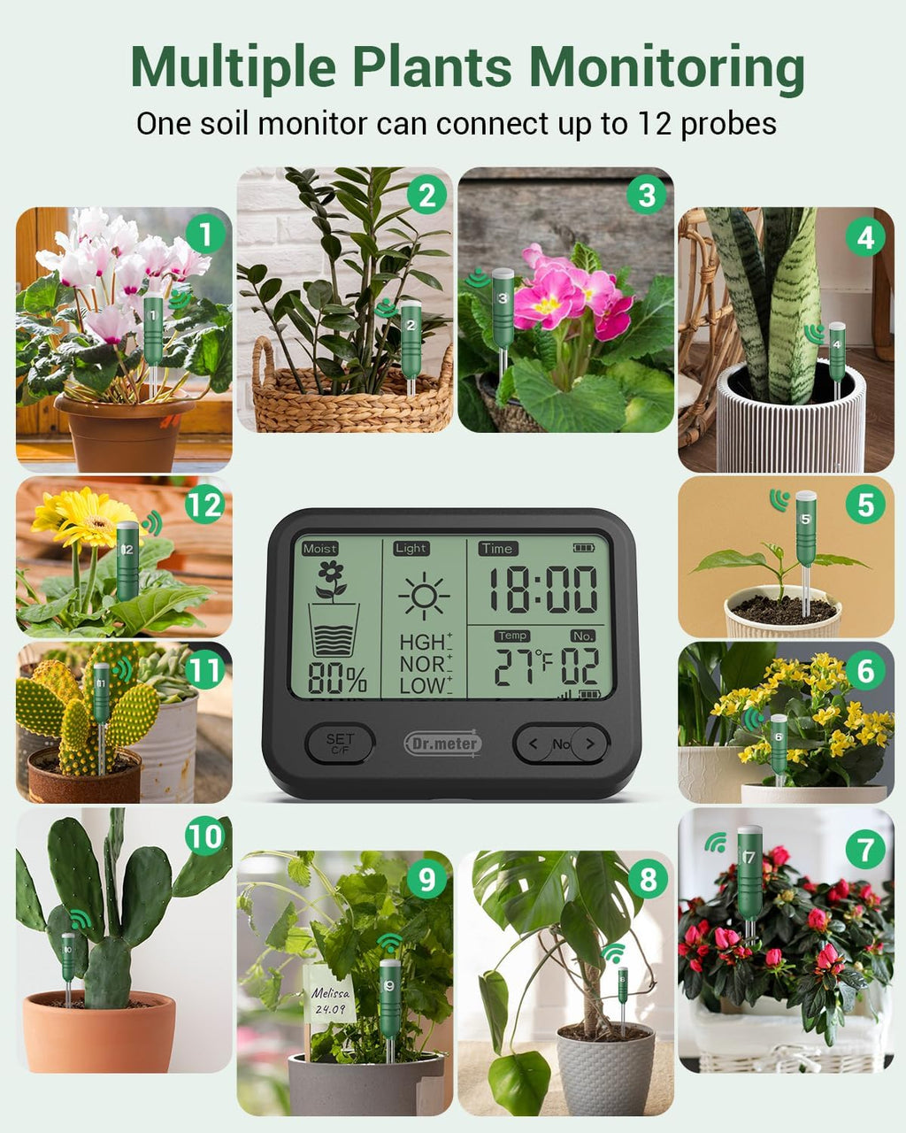 Temperature/Light/Time/Soil 4-in-1 Soil Moisture Meter | 300ft Wireless Soil Tester Sensor with Digital LCD Display
