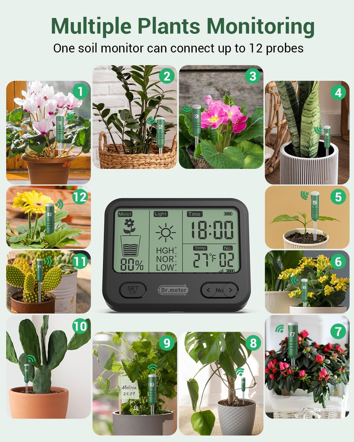 Temperature/Light/Time/Soil 4-in-1 Soil Moisture Meter | 300ft Wireless Soil Tester Sensor with Digital LCD Display