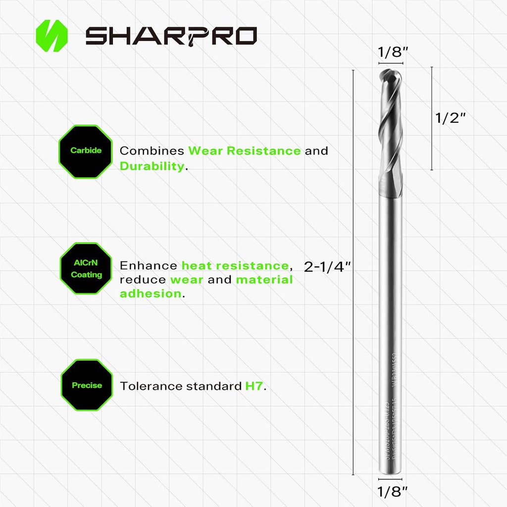 1/8'' Shank Carbide Ball Nose End Mill Bits, 2 Flute Solid Carbide