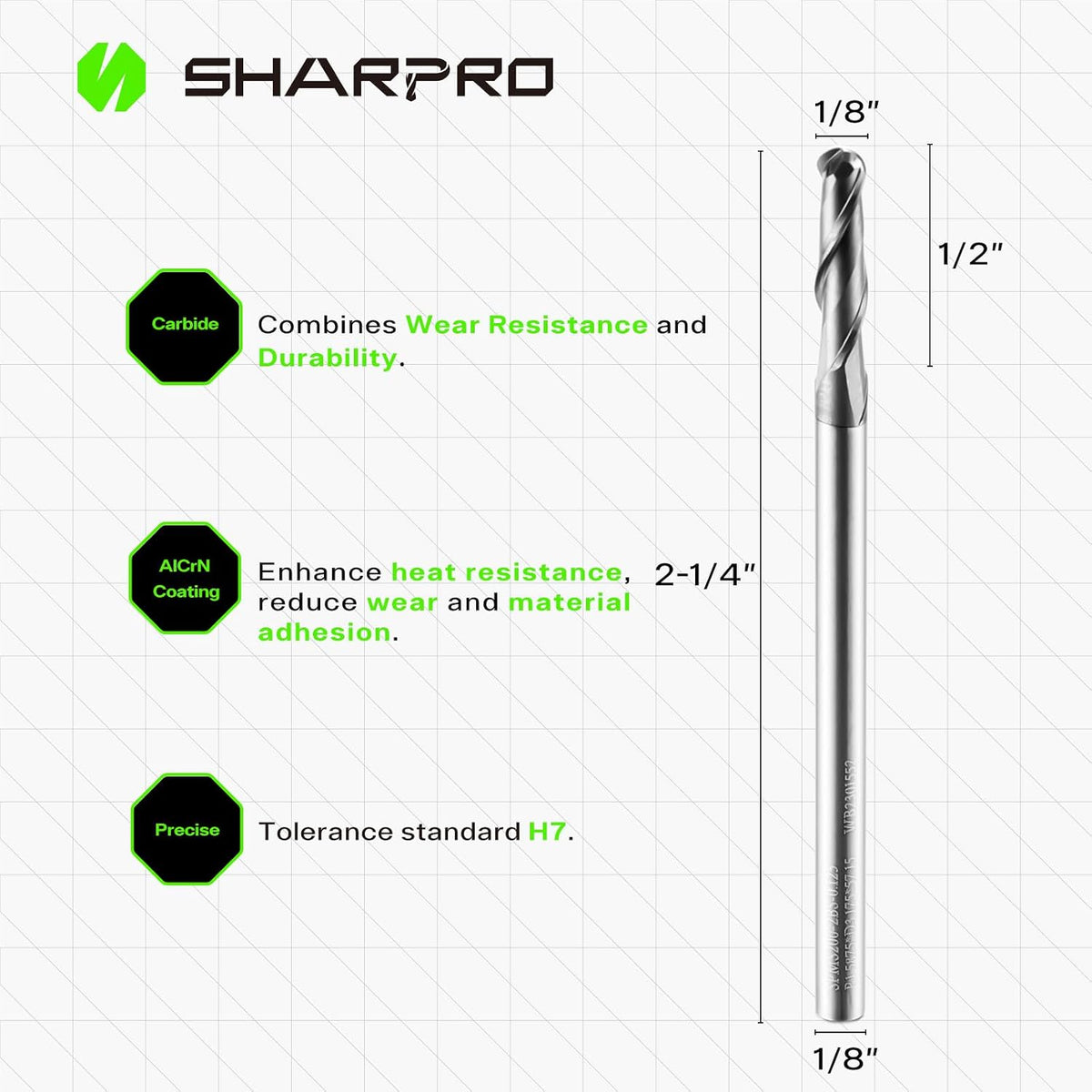 1/8'' Shank Carbide Ball Nose End Mill Bits, 2 Flute Solid Carbide