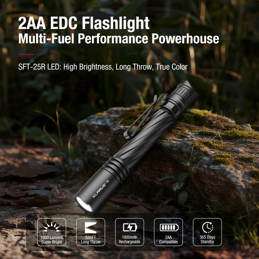 P2 Tactical Pen Light, 1000 Lumens 886ft Throw, USB-C Rechargeable or 2AA Compatible, IPX8 Waterproof Small EDC